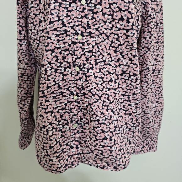 TALBOTS size 14 Floral Roll Tab Sleeve Button Up Casual Cotton Shirt Pink Navy - Picture 3 of 14